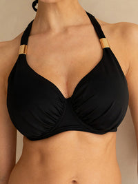 Black fuller bust halter bikini top with luxurious golden strap accessories