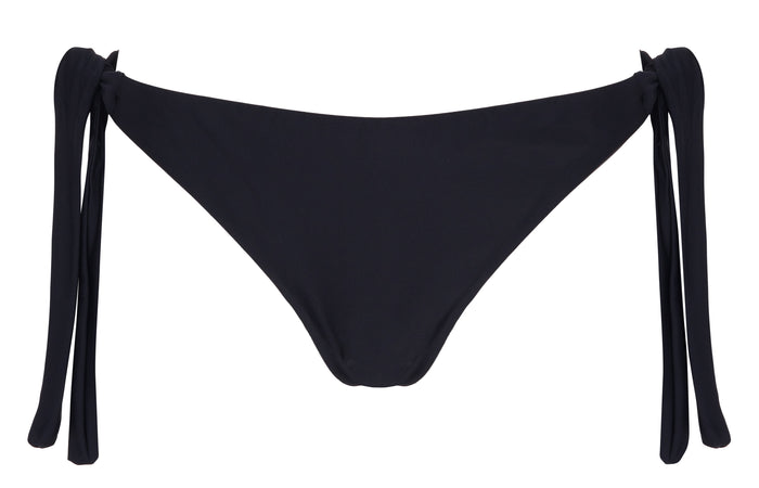Black bikini bottom with tie sides on a white background