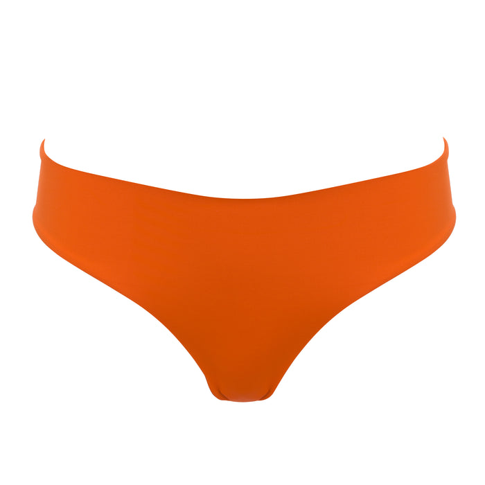Orange mid rise bikini bottom on a white background