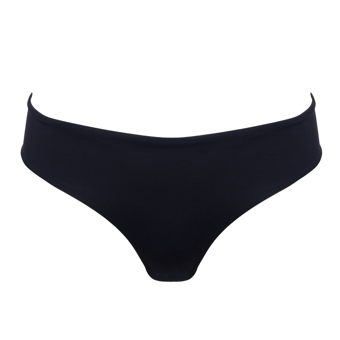 Black mid rise bikini bottoms on a white background