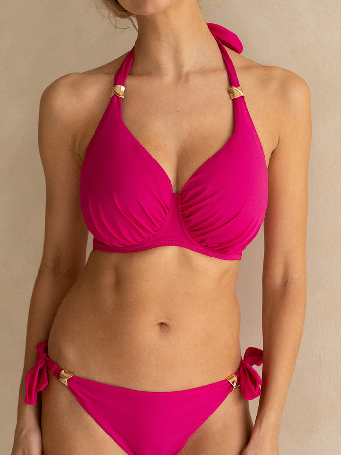 Pink Signature Halter Neck Bikini Top with Gold Trims