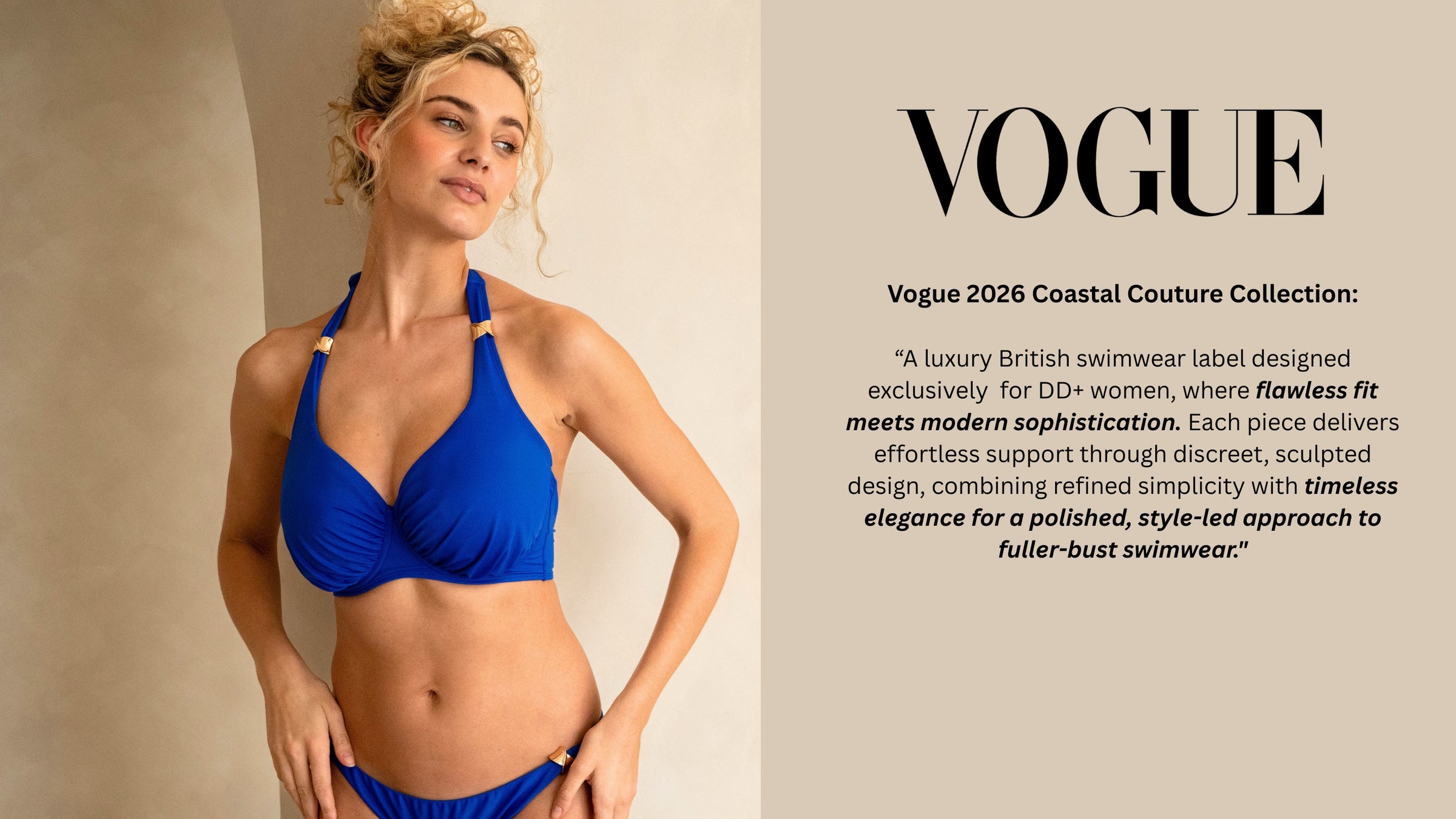 Woman wearing a luxurious blue fuller bust halter neck bikini with golden trims as featured in Vogue