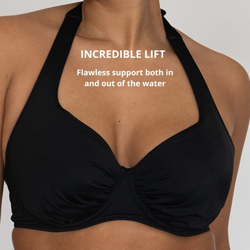 Black bikini top on a person with text highlighting DD+ support features